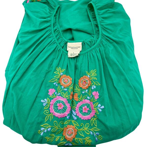 The Vermont Country Store Dress L Green Embroidered Floral Cotton Gauze Peasant - Picture 4 of 8